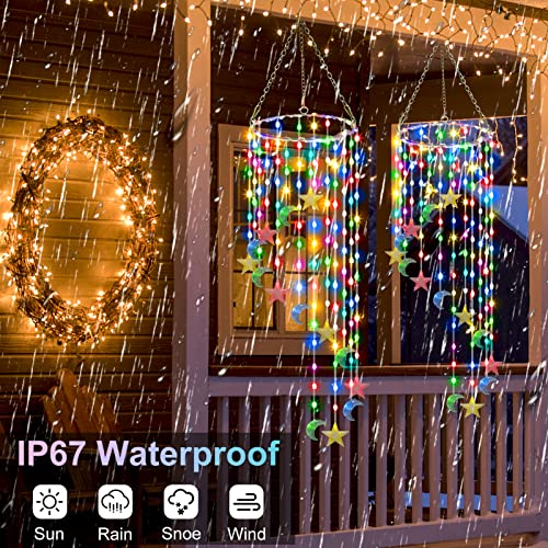 Star Moon Christmas Wind Chimes Mobile Lights, 168 Leds 8 Lighting Modes Ip67 Waterproof Hanging Lights 15 Clear Wire String Wind Chime For Outside Décors Gifts Patio Garden Yard Window-Multicolors #TOP2
