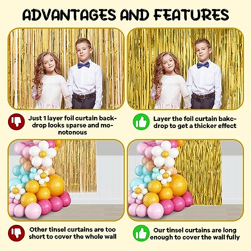 image for Voircoloria 2 Pack Gold Foil Fringe Backdrop Curtains, Tinsel Streamer