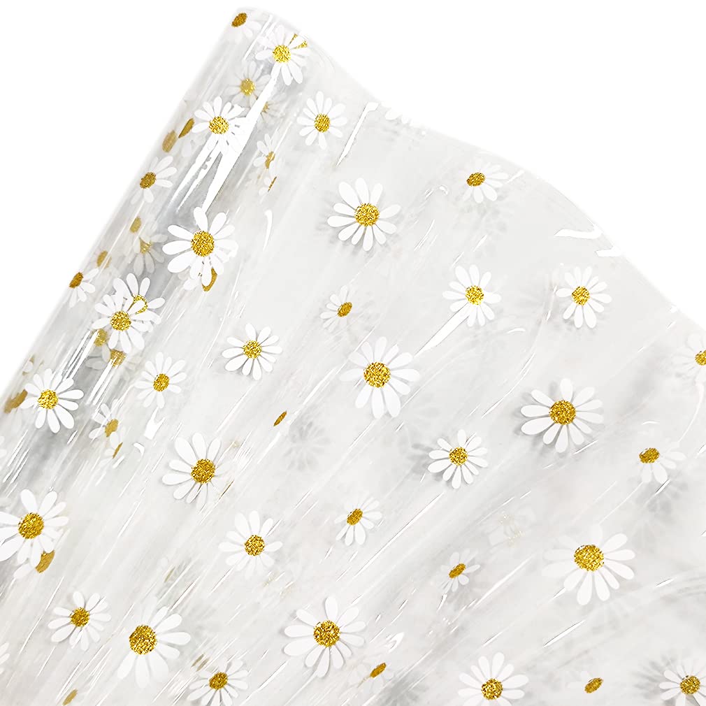 Translucent Jelly Vinyl 11.8"x53"(30x135cm) Frosted Glitter Daisy Flower Printed TPU Film for Hair Bows Clips Handbags Making (Transparent)