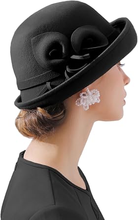ORIDOOR Women Vintage Wool Felt Flowers Bucket Cloche Bowler Hat Church Wedding Dress Fascinator Hat Winter Felt Fedoras