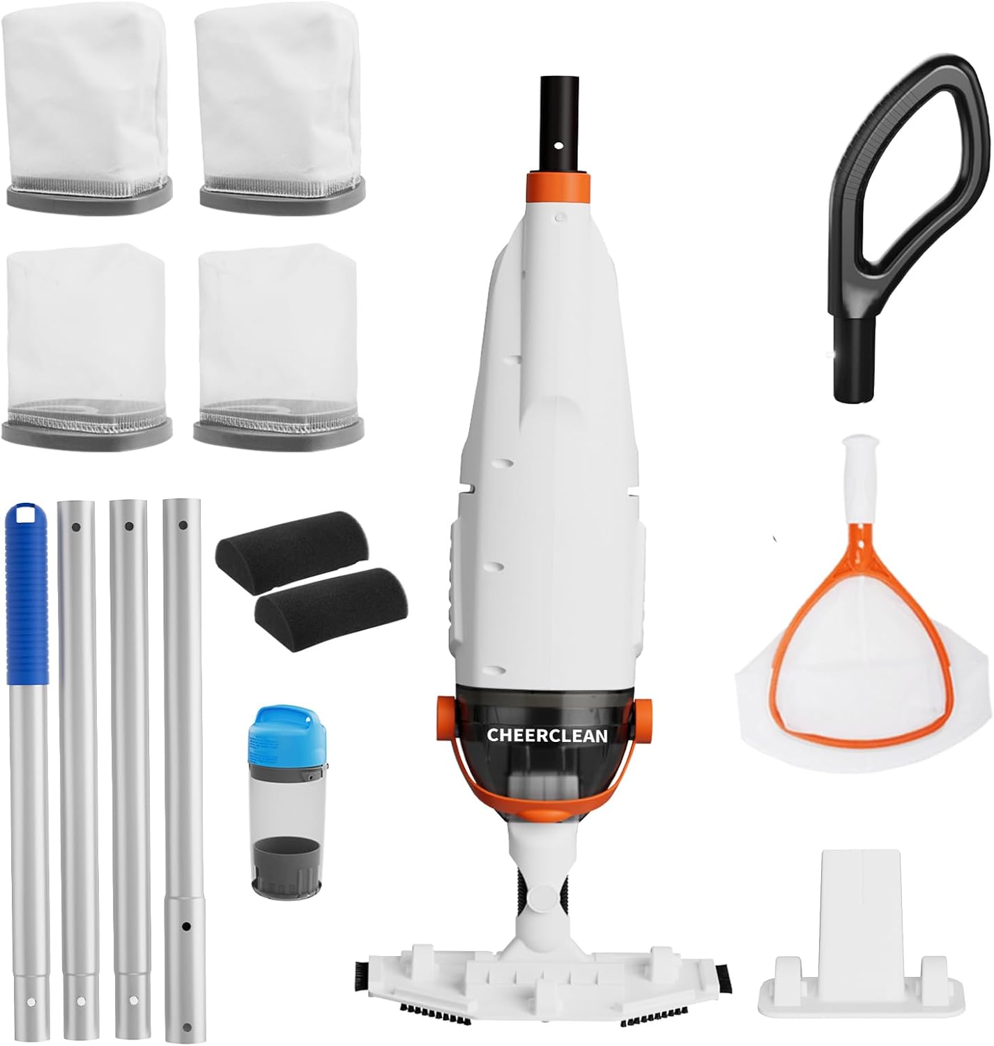 3 IN 1 Cordless Handheld Pool Vacuum Cleaner Kit-1110GPH Real Strong Suction,60min Run-time,40µm Fine Mesh Filter,Aluminum Pole,Net,Floating Dispenser for Hot Tubs,Inground &Above Ground Pools -Orange