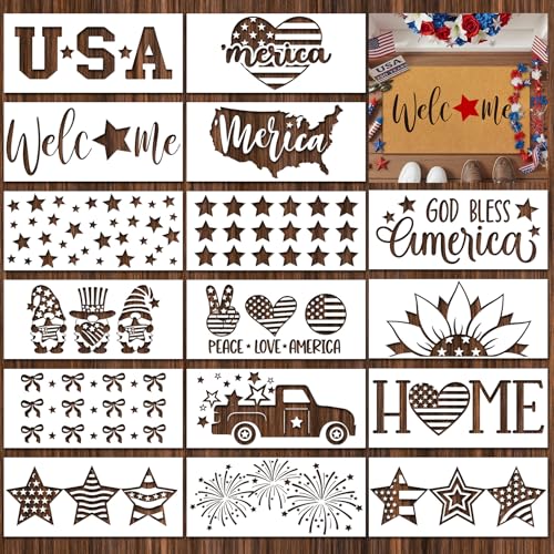 Dunzy 16 Pcs 4th of July Stencils for Door Mats Reusable Patriotic Welcome Templates Large USA Flags God Bless America Stencils for Independence Day Drawing DIY Painting on Wood Floor Doormat Crafts