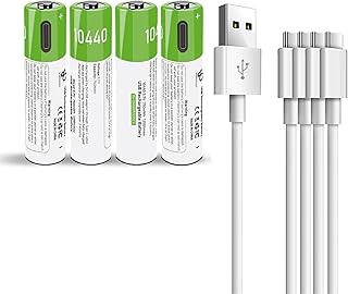 4 Pack Rechargeable 10440 Batteries, 3.7V Lithium 10440 Batteries(Not AA or AAA Batteries) Rechargeable Lithium Ion 3.7 Volts 10440 Battery with 4 in 1 USB Type C Charger,750mWh