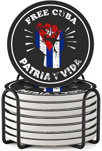 Free Cuba Patria Y Vida - Posavasos con puño para bebidas con soporte juego de 8 posavasos de cerámica absorbente con base de corcho sin arañazos ni