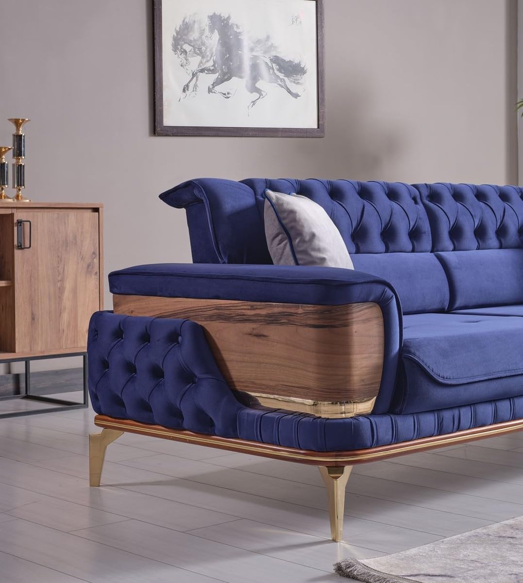 Casa Padrino Luksusowa sofa z łóżkiem, niebieski/brązowy/złoty, 232 x 92 x wys. 85 cm - sofa do salonu z 2 poduszkami - luksusowe meble do salonu