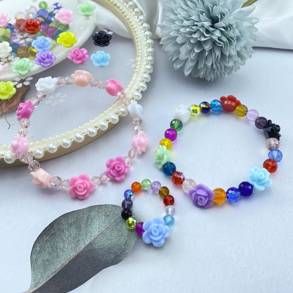 250 PCS Candy Color Rose Flower Beads Acrylic Flat Back Loose Spacer Beads Pastel Colorful Embellishments with Hole for Jewelry Making Necklace Bracelets Earring Crafts(Mixed Green Series) - Image 7