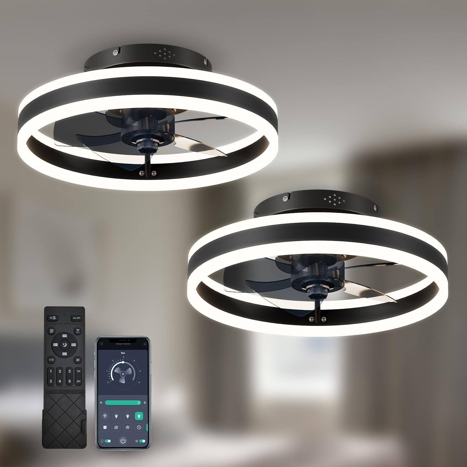 Low Profile 15.7" LED Small Ceiling Fan with Light - Modern, Semi-Enclosed Flush Mount, Smart APP & Remote Control, 6-Speeds, Black - Perfect for Bedroom and Living Room, 2 Pack