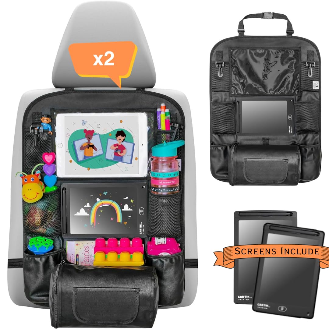 Backseat Car Organizer with LCD Writing Tablet, Includes Erasable Drawing Tablet - Road Trip Essentials for Kids, Car Organizer Backseat Storage for Toys & Accessories (Double pack)