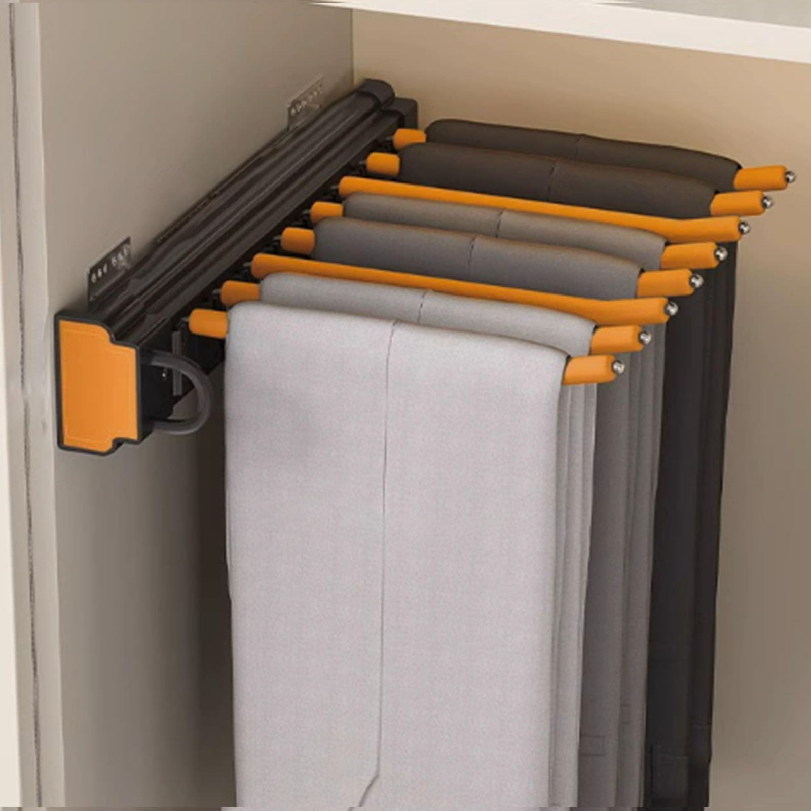 GLETSF Space Saving Pull Out Trouser Rack, Side Mounted Pants Hanger with Detachable Flocking Cover, Aluminum Alloy, Damping Rail for Clothes, Scarves, Ties - Black, 54cm,Orange-46cm(18.1in)