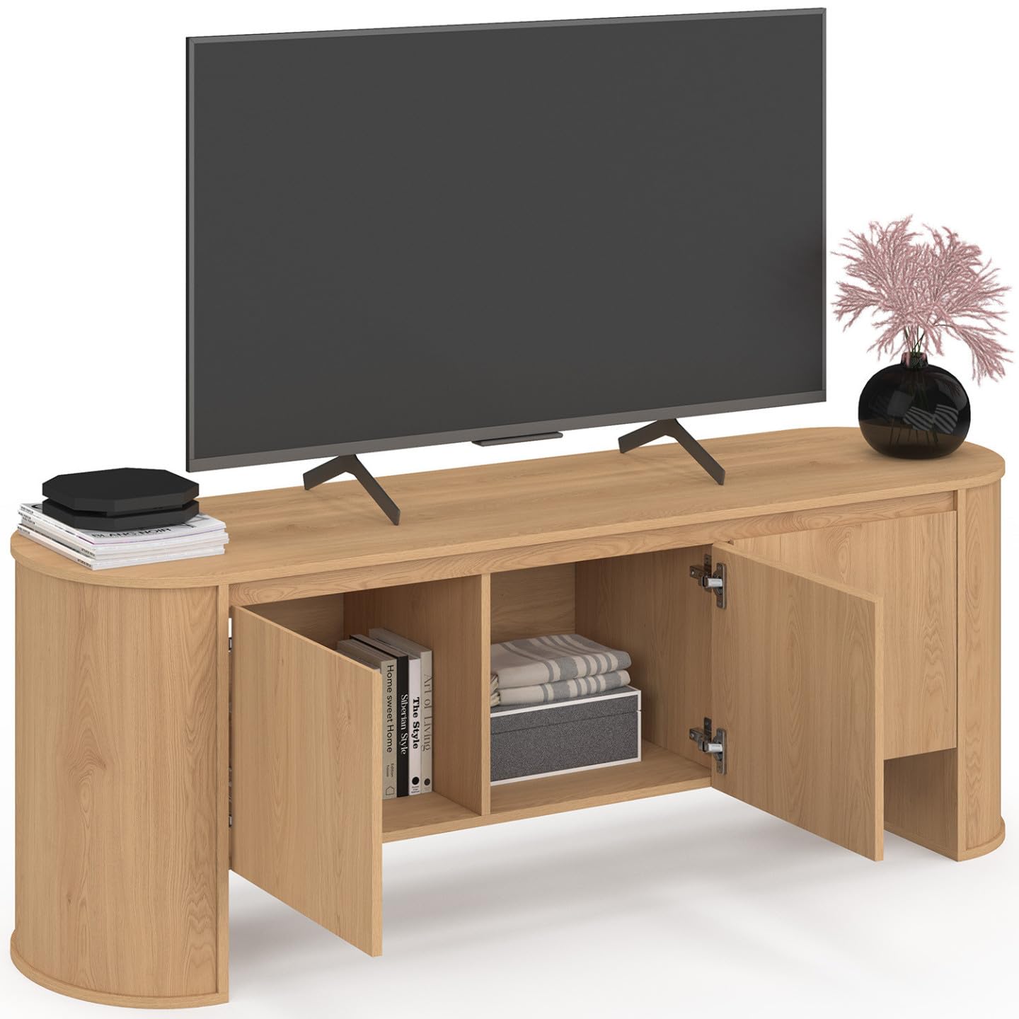 IDMarket - Meuble TV 140 cm DIVIA 3 Portes façon hêtre Design Arrondi