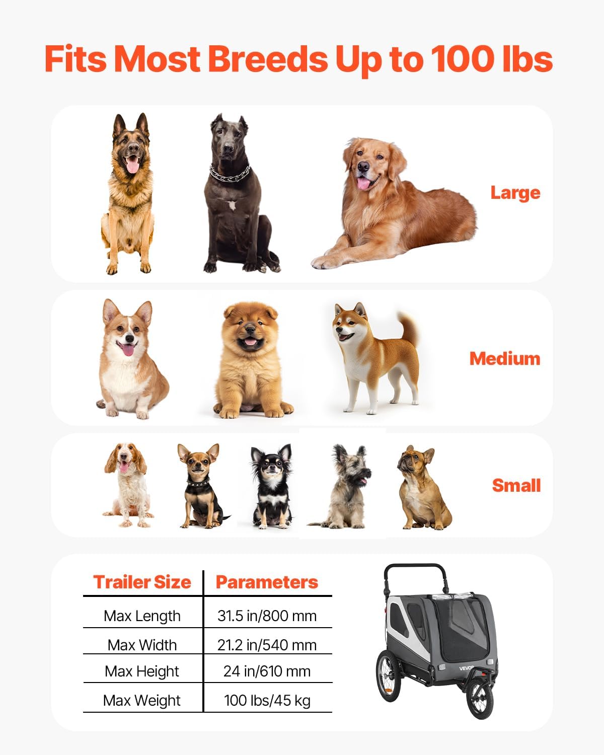 VEVOR Dog Bike Trailer, Supports up to 66/88/100 lbs, 2-in-1 Pet Stroller Cart Bicycle Carrier, Easy Folding Cart Frame with Quick Release Wheels, Universal Bicycle Coupler, Reflectors, Flag