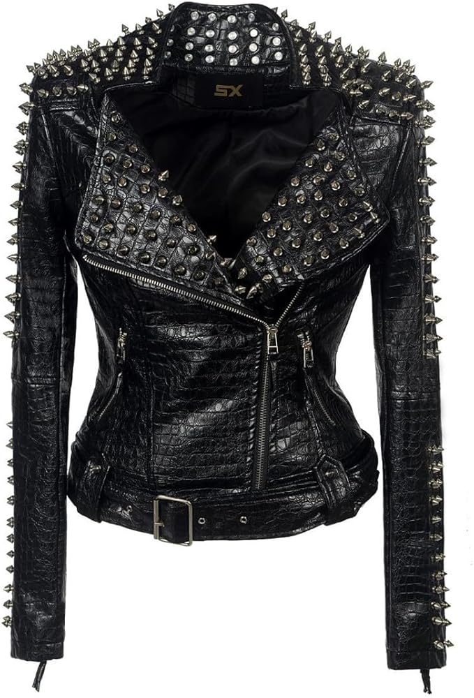 【punk leather jaket short】 Women Studded Punk Rock Jacket Biker Motorcyclist Short