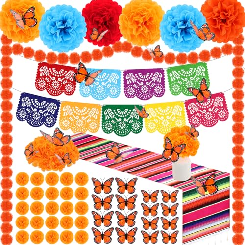 87 Pcs Day of The Dead Decorations Dia De Los Muertos Decor 50 Marigold Flowers Marigold Garlands Mexican Party Banner Table Runner 8 Paper Flowers 24 Monarch Butterflies Altar Decor for Diwali Party
