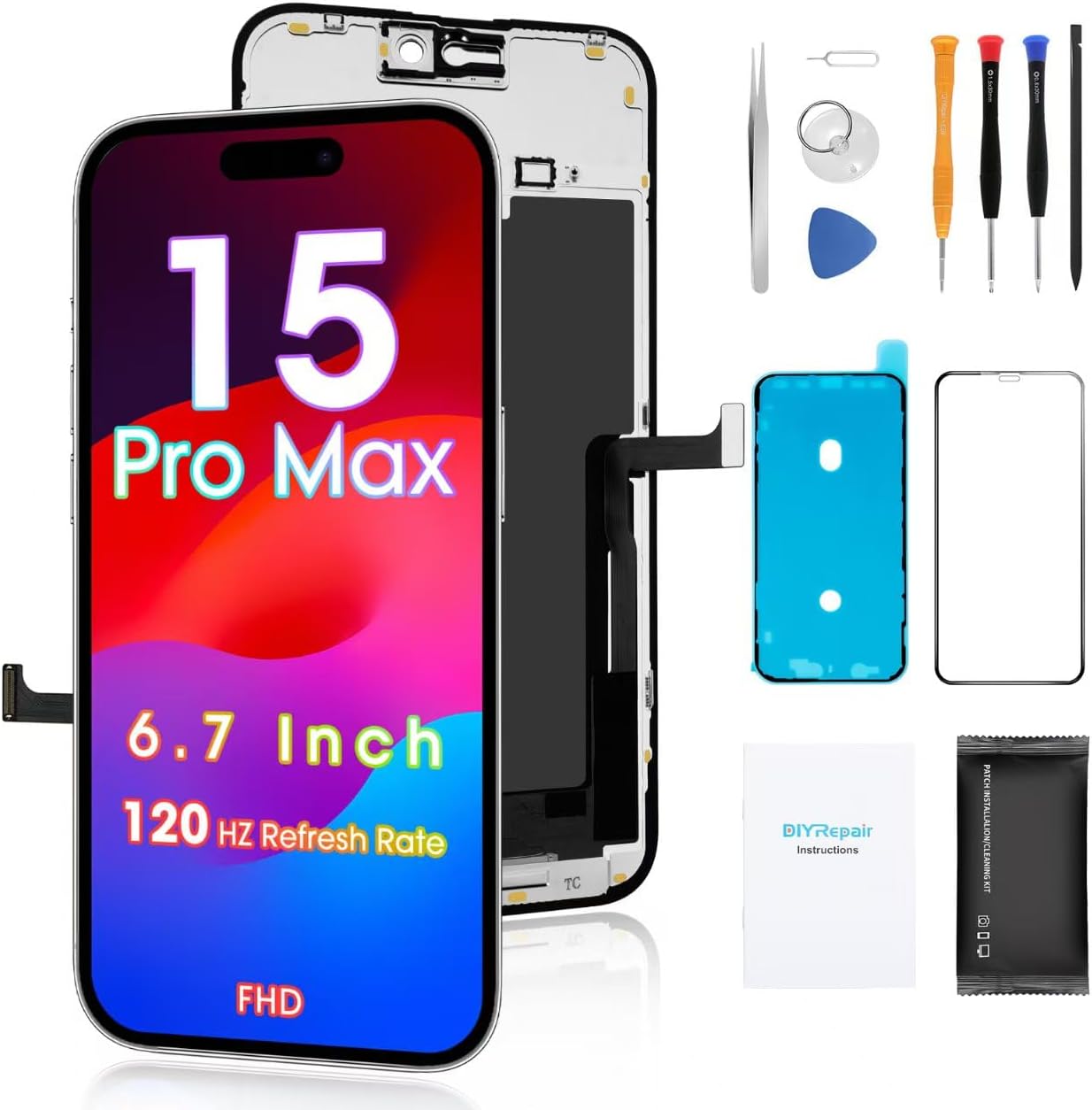 for iPhone 15 Pro Max Screen Replacement 6.7', 3D Touch Full HD Display Full Repair kit, Digitizer Assembly with Tools Set, Tempered Glass, Instruction