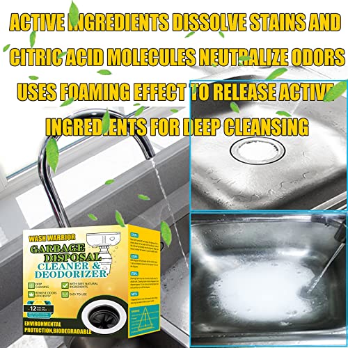 Wash Warrior Garbage Disposal Cleaner And Deodorizer, Scrubbing Packet For Garbage Disposal Care,Foaming Drain Cleaner, Kitchen Sink Drain Freshener And Cleaner, 12Pcs(Lemon) #TOP3
