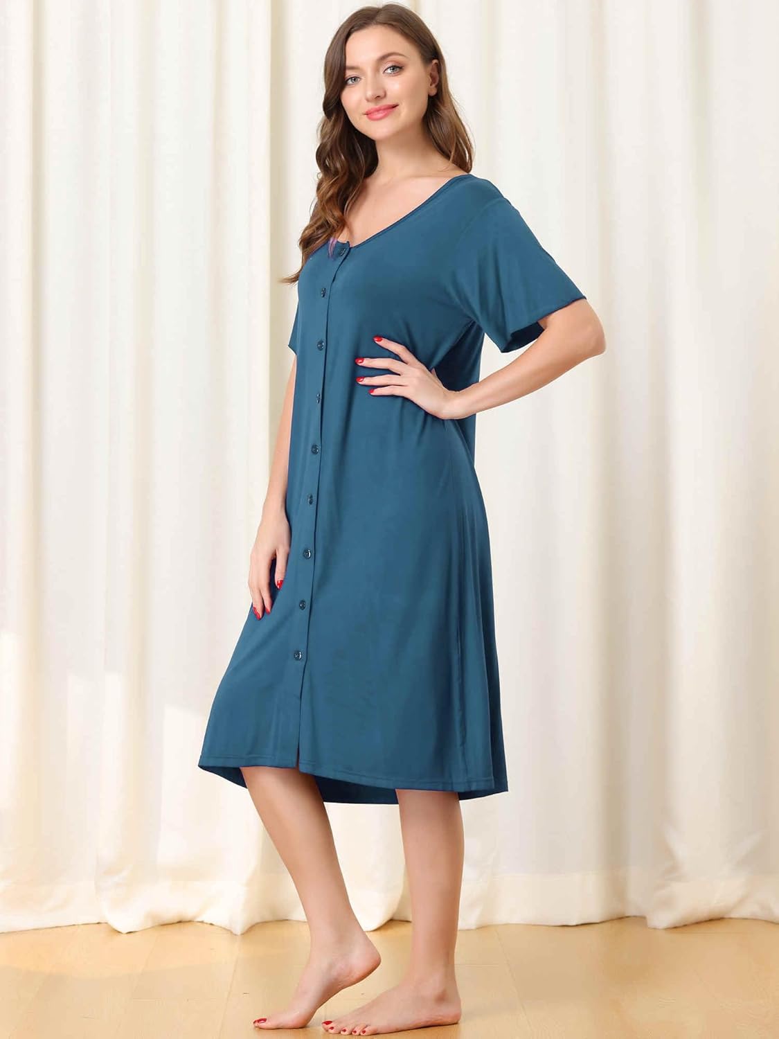 cheibear Womens Modal Nightshirt Soft Button Down Nightgown Short Sleeve Pajama Sleepshirt - Image 2