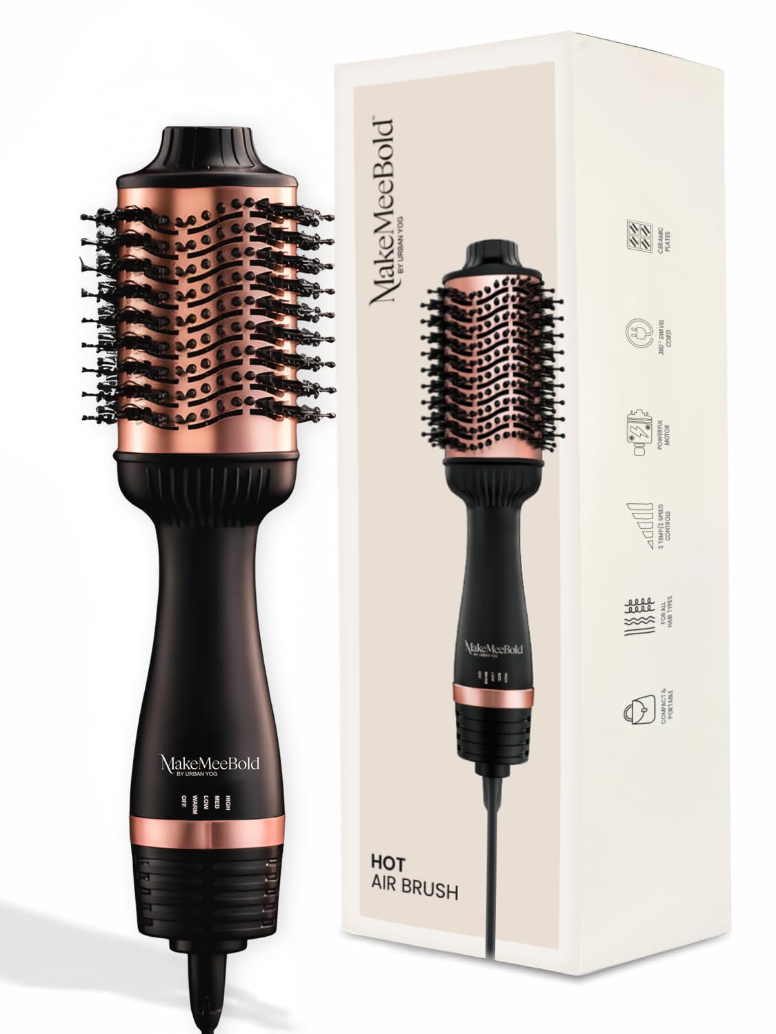 Urban Yog MakeMeeBold Hot Air Brush | 2-in-1 Hair Dryer & Straightener Brush with 3 Temp, 2 Speed Settings, Tangle-Free Bristles, 1200W, Auto Shut-Off | Gifts for woman