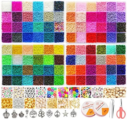 52000pcs 96 Colors 2mm Glass Seed Beads for Jewelry Making Kit, 300pcs Letter Beads, Small Seed Beads Kit for Bracelets Necklace Ring Making, DIY, Art, Craft Kit with Elastic String and Charms