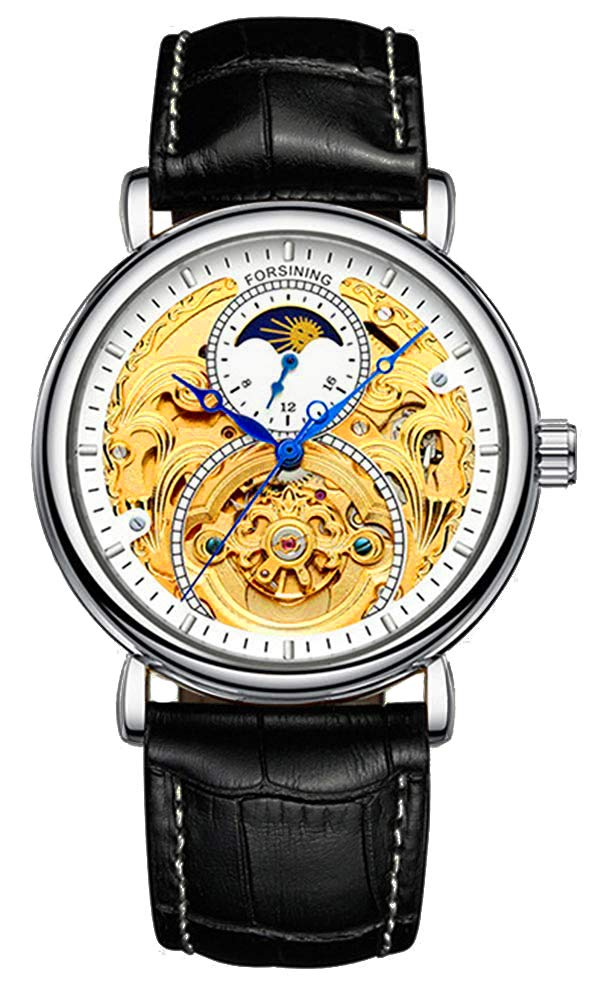Carlien Herren-Automatikuhr, goldfarben, Tourbillon, Skelettuhr, Mondphase, wasserdicht, Edelstahl