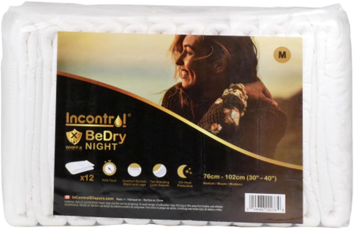 InControl BeDry Ultra Premium Night Incontinence Tabbed Briefs for Women and Men - Adjustable Unisex Maximum Absorbency Disposable Diapers with Whiff-X Odor Elimination Technology (Large, 12 Pack)