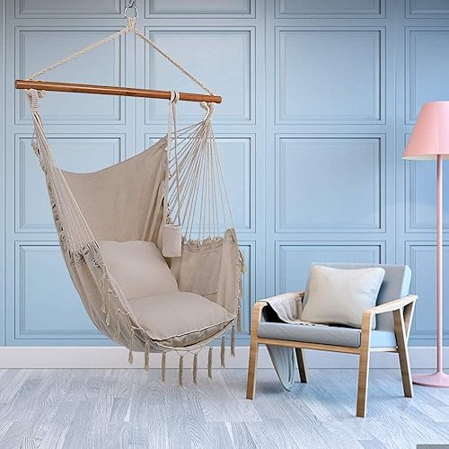 Silla hamaca XXL para colgar en interiores y exteriores, con bolsillo lateral, 2 cojines, bolsa de transporte, todos los accesorios para colgar, disponible en Yaxa Peru