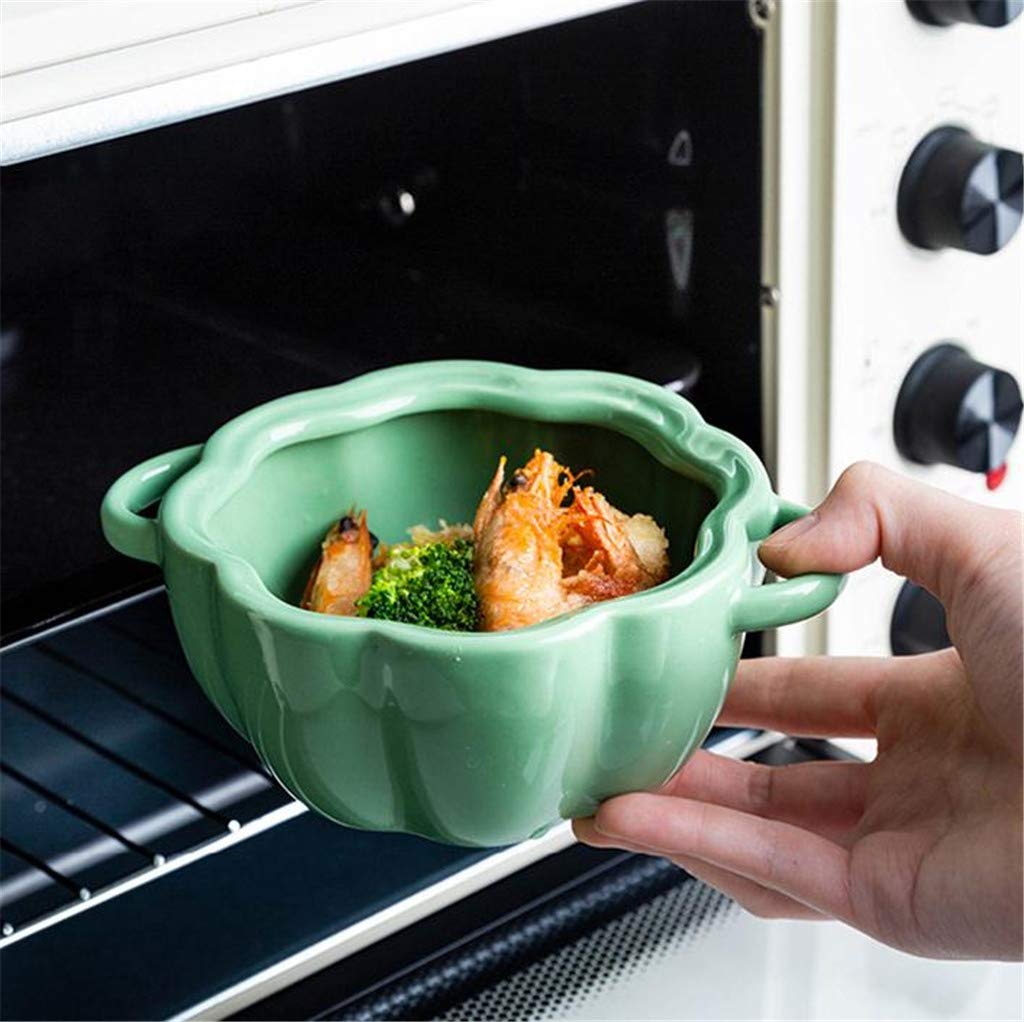 Uiifan Set van 2 keramische pompoenkommen van 500 ml voor de keuken, schattig en veilig met dubbel oordeksel voor Thanksgiving, herfst, bakken, Halloween (oranje