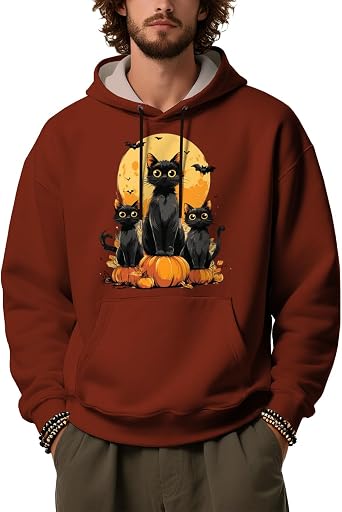 Mens Halloween Style Printed Shirts Winter Thermal Soft Comfy Hooded Top Long Sleeve Colorful Pullover Outfits