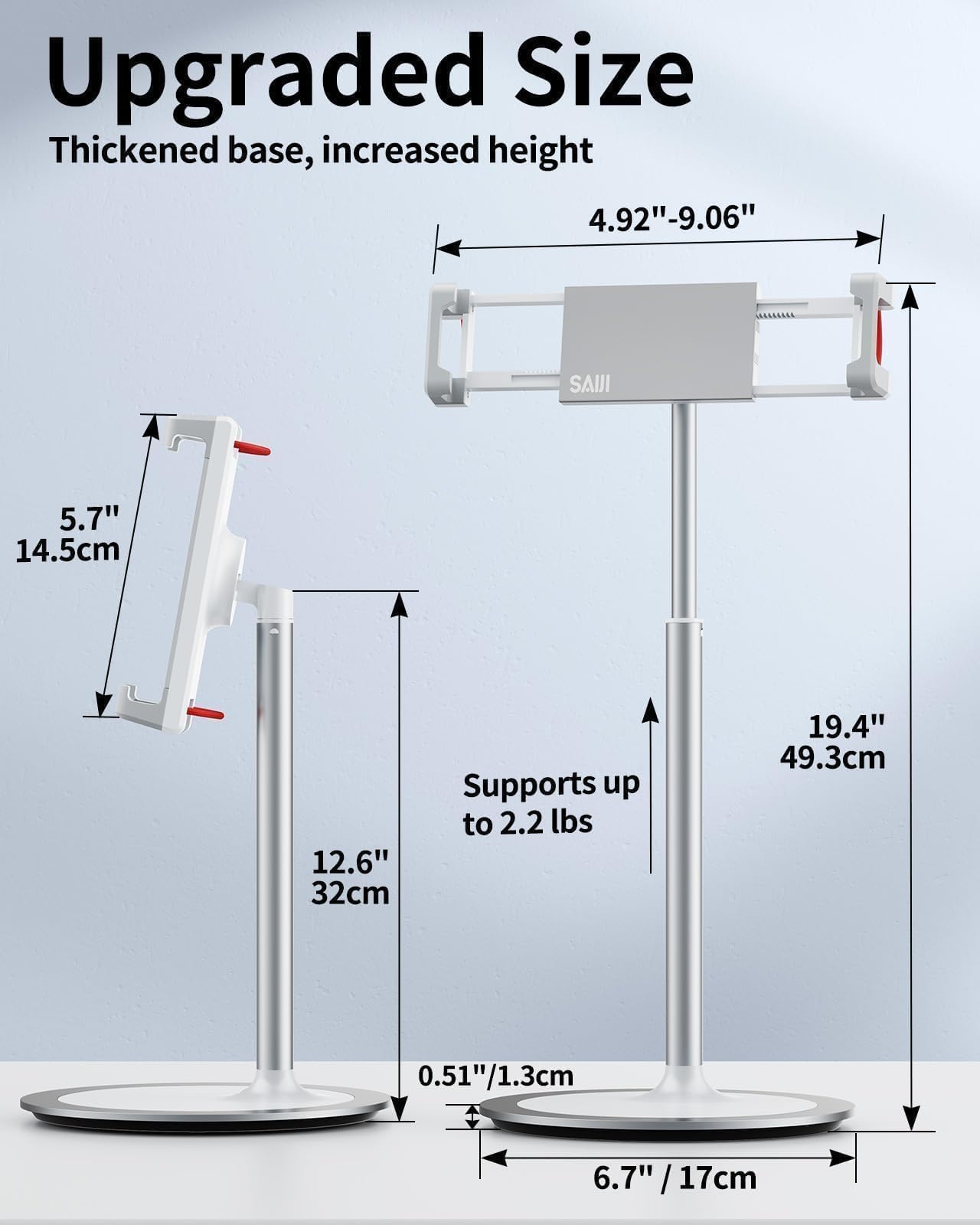 SAIJI Tablet Ständer Verstellbare, Tablet Halterung mit Große Stabil Basis, Winkel Höhe einstellbar kompatibel mit 4,7-12,9" iPhone iPad Pro Air Mini (Weiß)