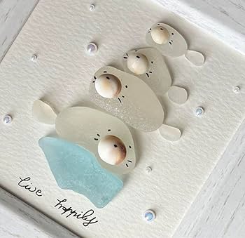 シーグラスアート　♡世界が平和でありますように♡　【アートＬ判】 シーグラスアート『仲良しアザラシちゃんと小鳥さん✩.*˚』☆L判