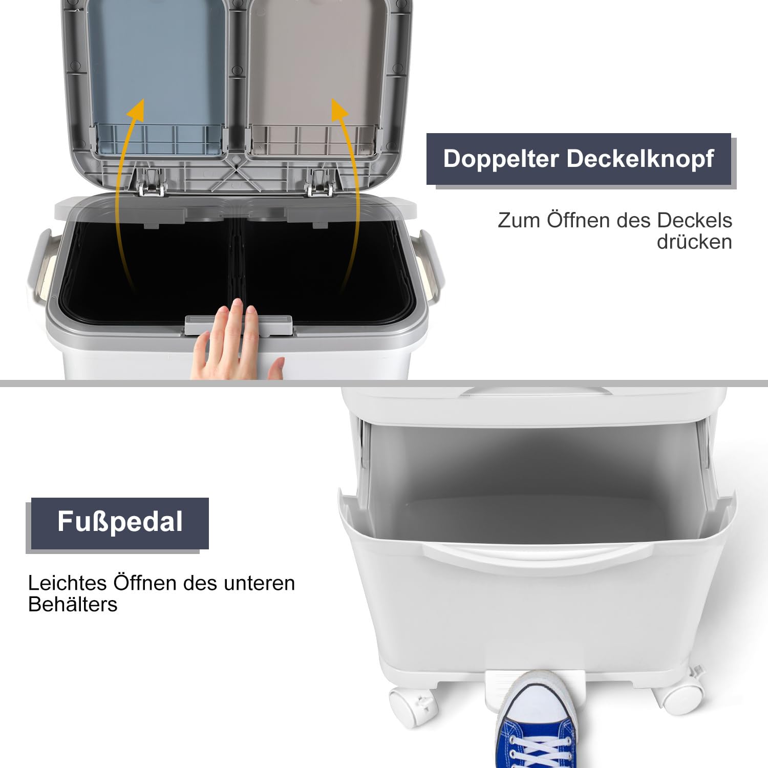 Mülleimer Küche mit 3 Fächern, Küchenmülleimer 42L, Tretmülleimer, Abfalleimer mit Deckel, Recycelbarer Großabfallbehälter, Trocken und Nasstrennung, für Küche, Wohnung und Büro, Weiß