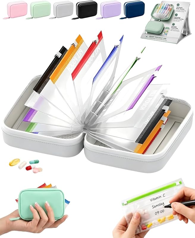 Pill Pouches for Travel, 14 Color-Coded Waterproof Zipper Medicine Bags | Reusable Labeled Pouches Keep Daily Pills and Vitamins Sorted in a Compact Binder for Trips and Home