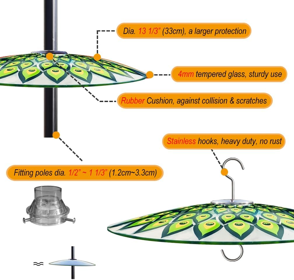 13" Glass Rain Cover for Bird Feeder Outdoors - Baffle on Shepherd Pole/Post or S Hook Hanging - Large Weather Guard Protective Dome - Dia. 33CM - Peacock Feather
