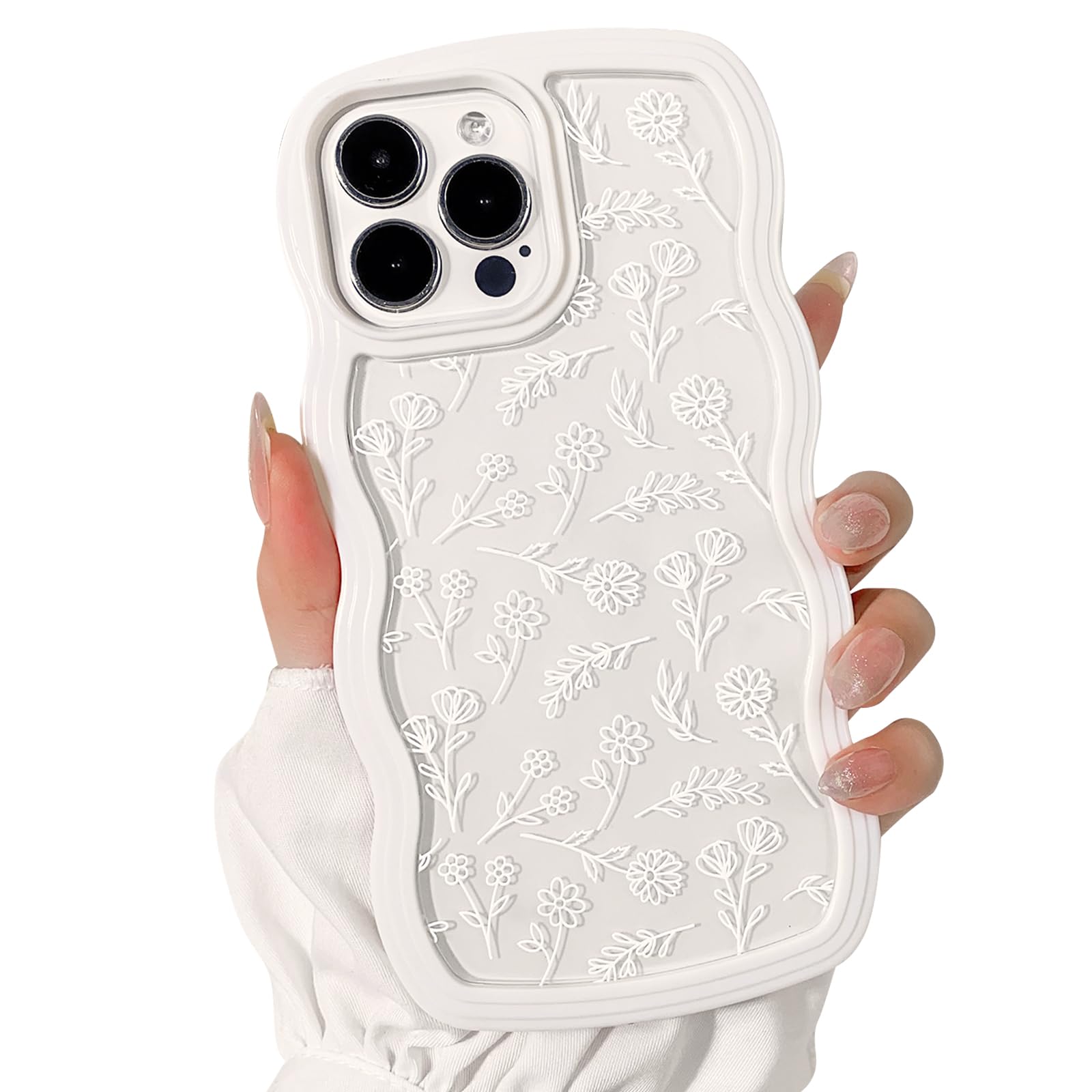 NITITOP Compatible for iPhone 15 Pro Max Case Cute Clear Flower Floral Curly Wave Frame Shape Wavy Shockproof Soft TPU 2 in 1 Protective Phone Cover
