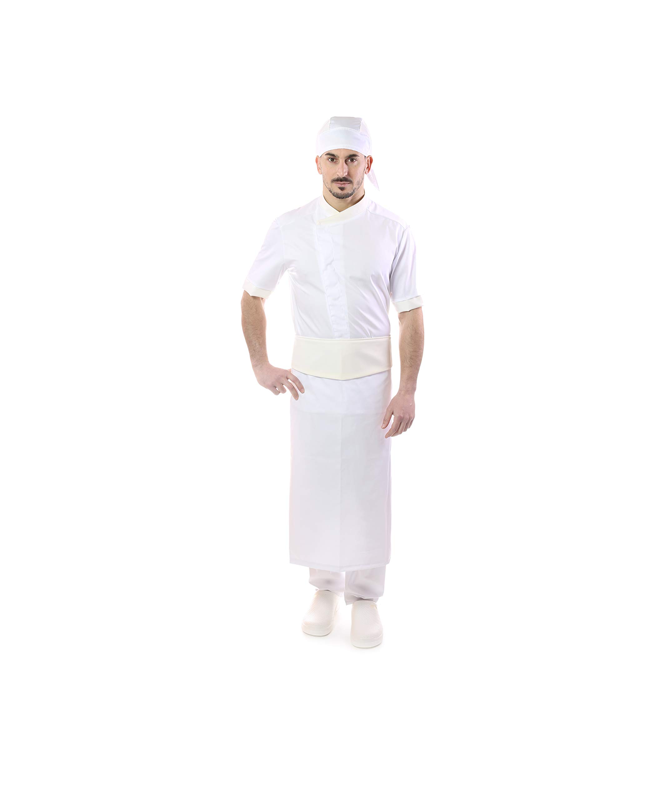 RICAMO GRATUITO - Completo Cuoco e Chef Bianco - Profili Panna - Uomo - Doppio Collo - 4 PZ - Giacca Manica Corta, Pantalone, Davantino, e Bandana - Divisa per Cucina e Ristorante - Made in Italy