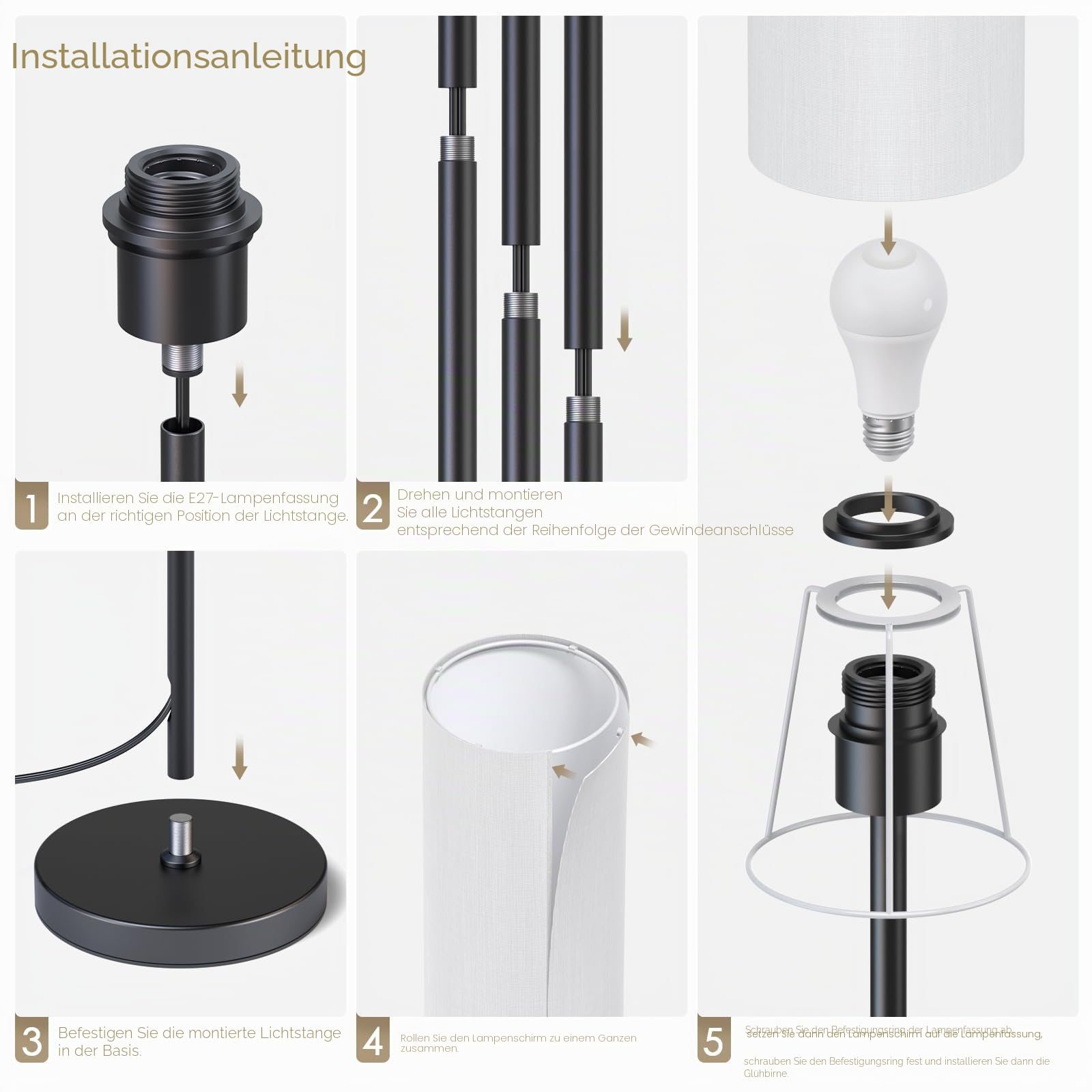 9W LED Stehlampe, Stehlampe Wohnzimmer Dimmbar, Stehleuchte mit 3 Farbtemperaturen, E27 Leselampe Standleuchte mit Leinen Lampenschirm & Fußschalter, Vintage für Schlafzimmer, Weiß