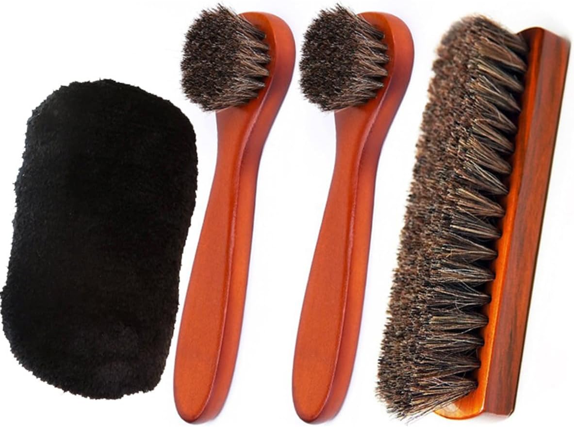 ALMEKAQUZ 4 Pcs Horsehair Shoe Brush Shine Kit,Polish Dauber Applicators, Leather Shoes Boots Care Brushes Suede Cleaner Brush with Microfiber Shoe Cloth ALMEKAQUZ 4 Pcs Horsehair Shoe Brush Shine Kit,Polish Dauber Applicators, Leather Shoes Boots Care Brushes Suede Cleaner Brush with Microfiber Shoe Cloth