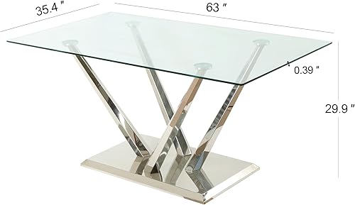 Miniatura 2 de Mesa de comedor de vidrio de 63 pulgadas para 4 o 6, mesa de vidrio templado de 0.39 pulgadas y base de acero inoxidable plateado, mesa de comedor