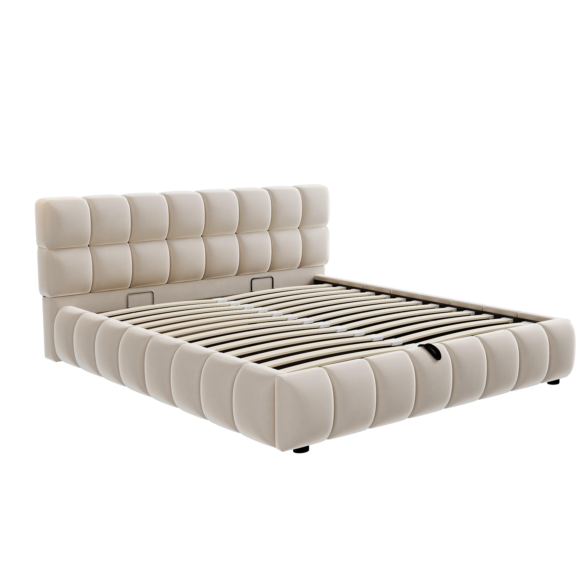 Cama tapizada de 140 x 200 cm, cabecero y laterales de cama con forma sólida y voluminosa, equipada con función de almacenamiento hidráulico, colchón integrado, cama doble, tela de terciopelo, sin