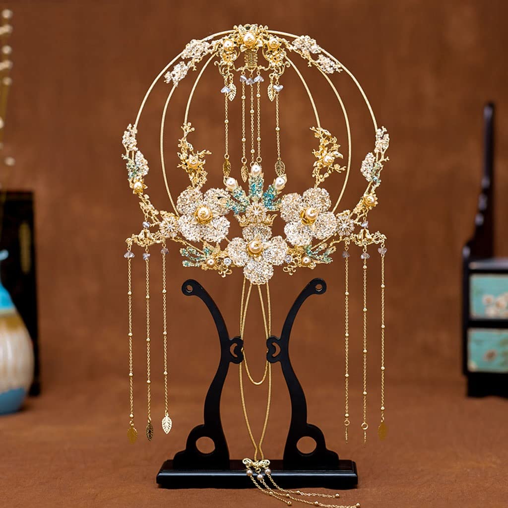 Gold Crystal Bride Fan Golden Flowers Wedding Bouquets Chinese Style Hand Bouquet For Xiu Wo Dress