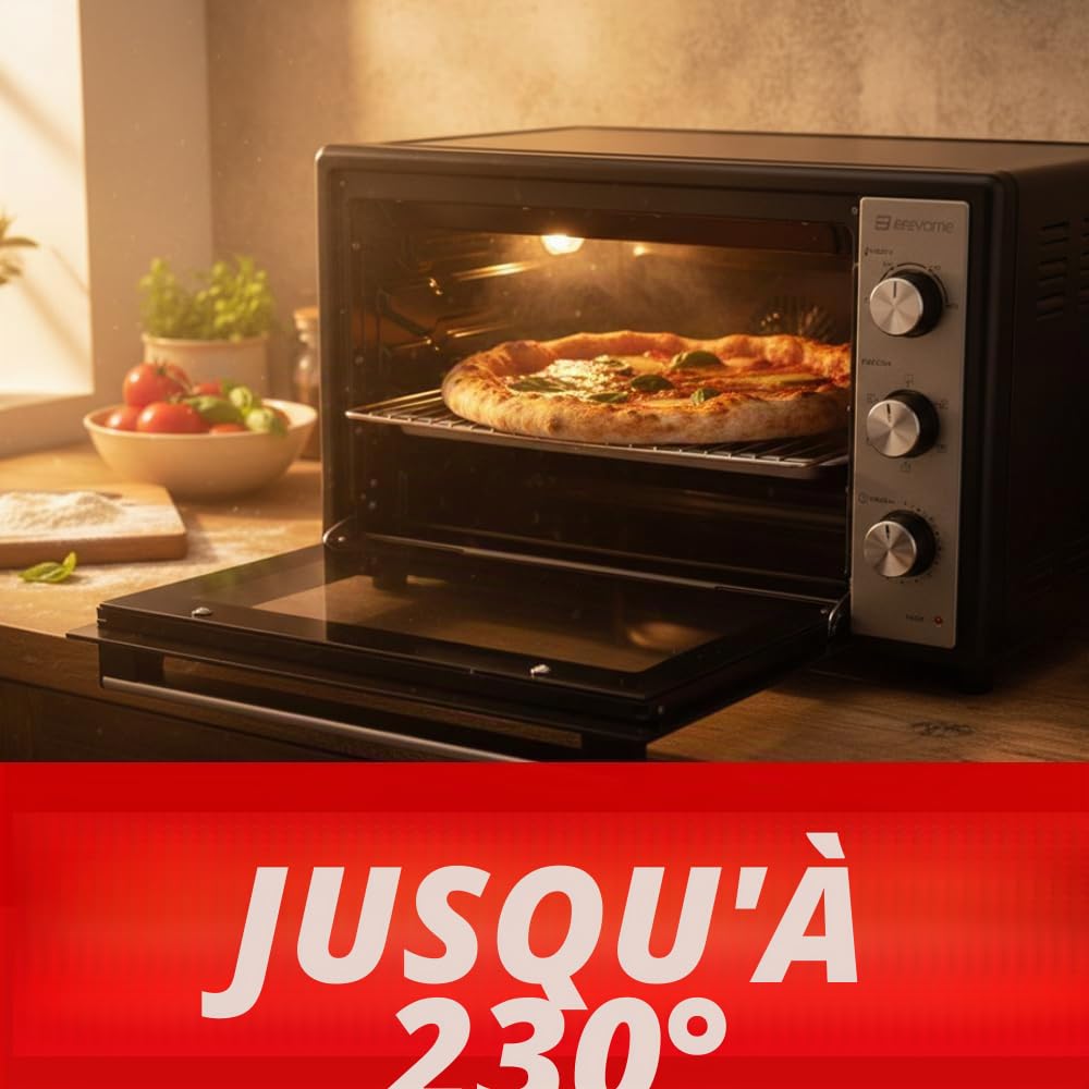 BEHOME Four Électrique à chaleur tournante 48L, pose libre, 230°, 60 min, Four électrique de table avec grill, plaque de cuisson et grill inclus, antiadhésif, double vitrage