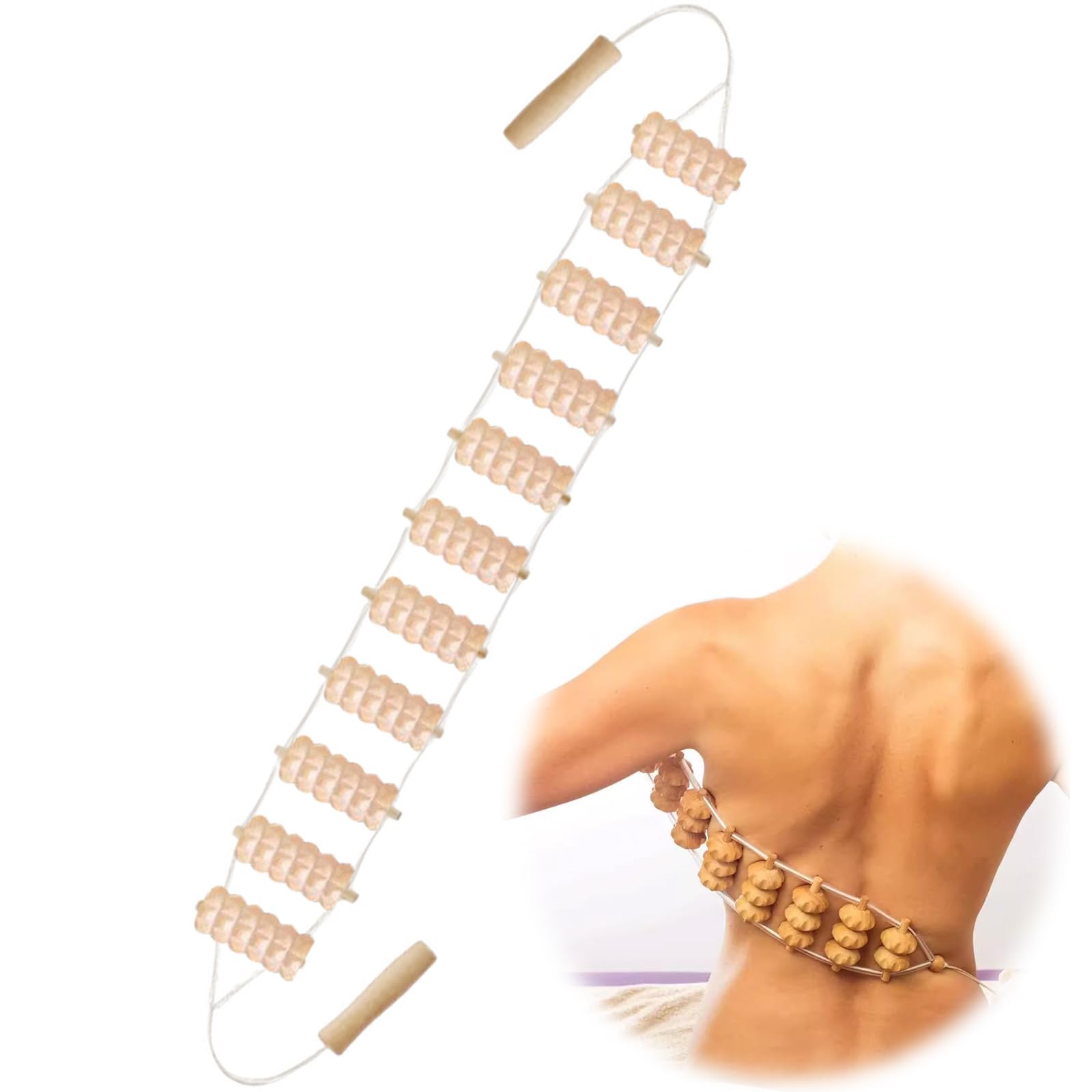 Rodillo de masaje para espalda con asa, anticelulitis, masajeador de madera, rodillo de masaje para espalda, rodillo de masaje para celulitis para cuello, piernas, espalda, cuerpo (100 x 7,5 cm)
