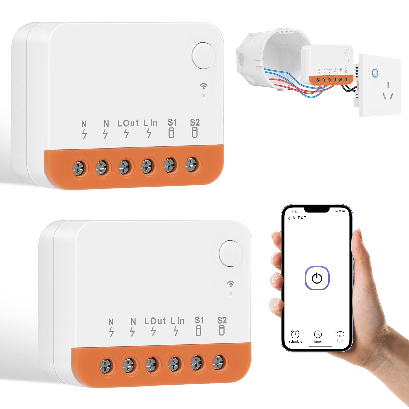 AXFEE Mini Interruptor Inteligente Wifi, Interruptor WiFi Inteligente Bricolaje de 2 Vías, 2 Piezas Interruptor WiFi Inteligente Programable 2.4GHz, Compatible con Alexa y Google Home, 10A 2400W
