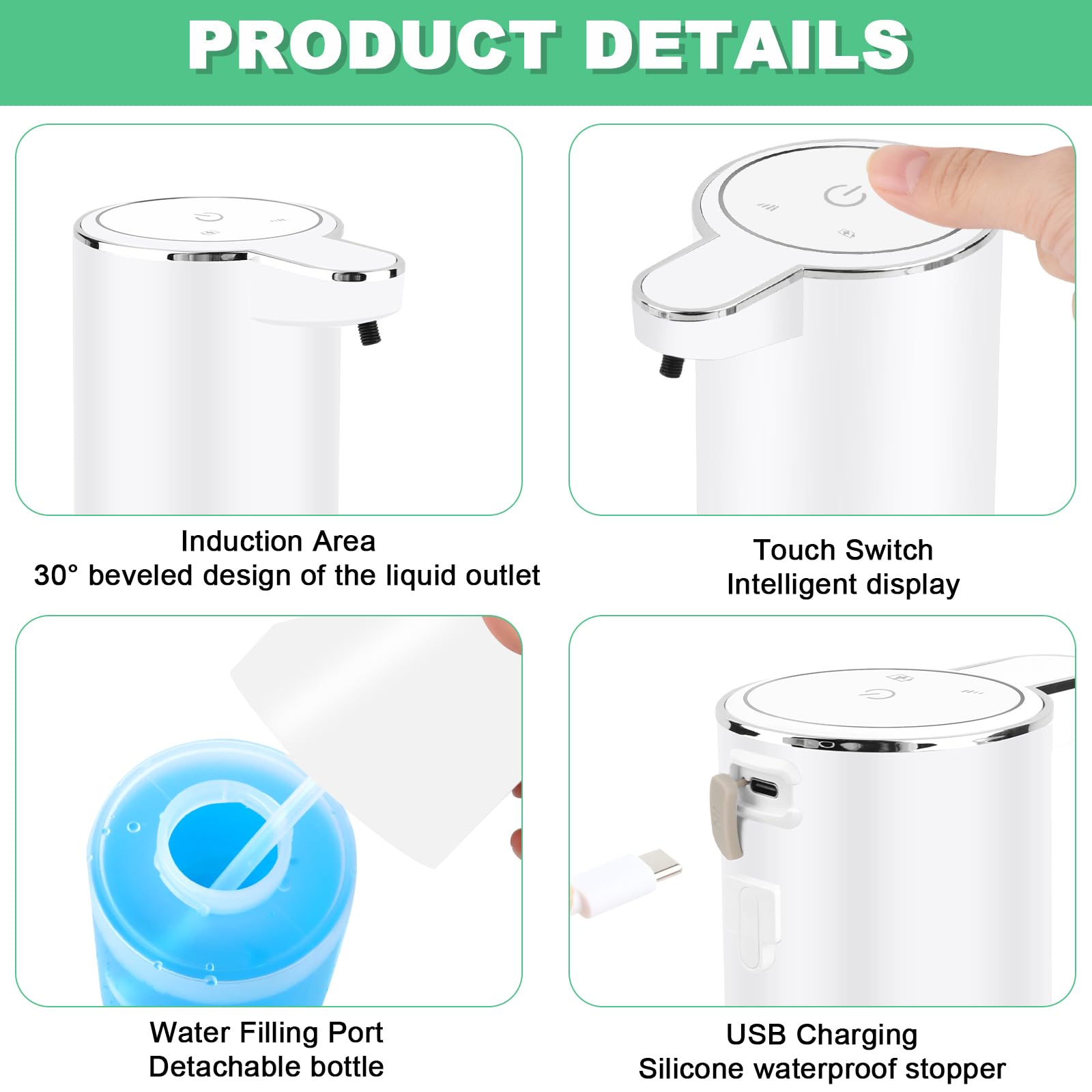 Dispenser Sapone Automatico A Parete, Sensore IR, 380 Ml, Ricaricabile USB, Impermeabile IPX5, 4 Livelli Di Dosaggio