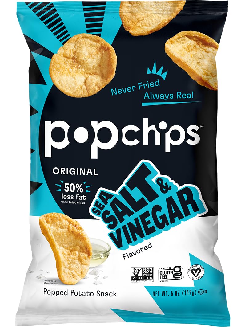 popchipsPotato Chips, Sea Salt & Vinegar, 4ct 5.0oz Share Bags, Low-Calorie, Gluten Free, Salty Snacks for Adults and Children, Non-GMO, Vegan & Kosher Friendly, 130 Calories Per Serving