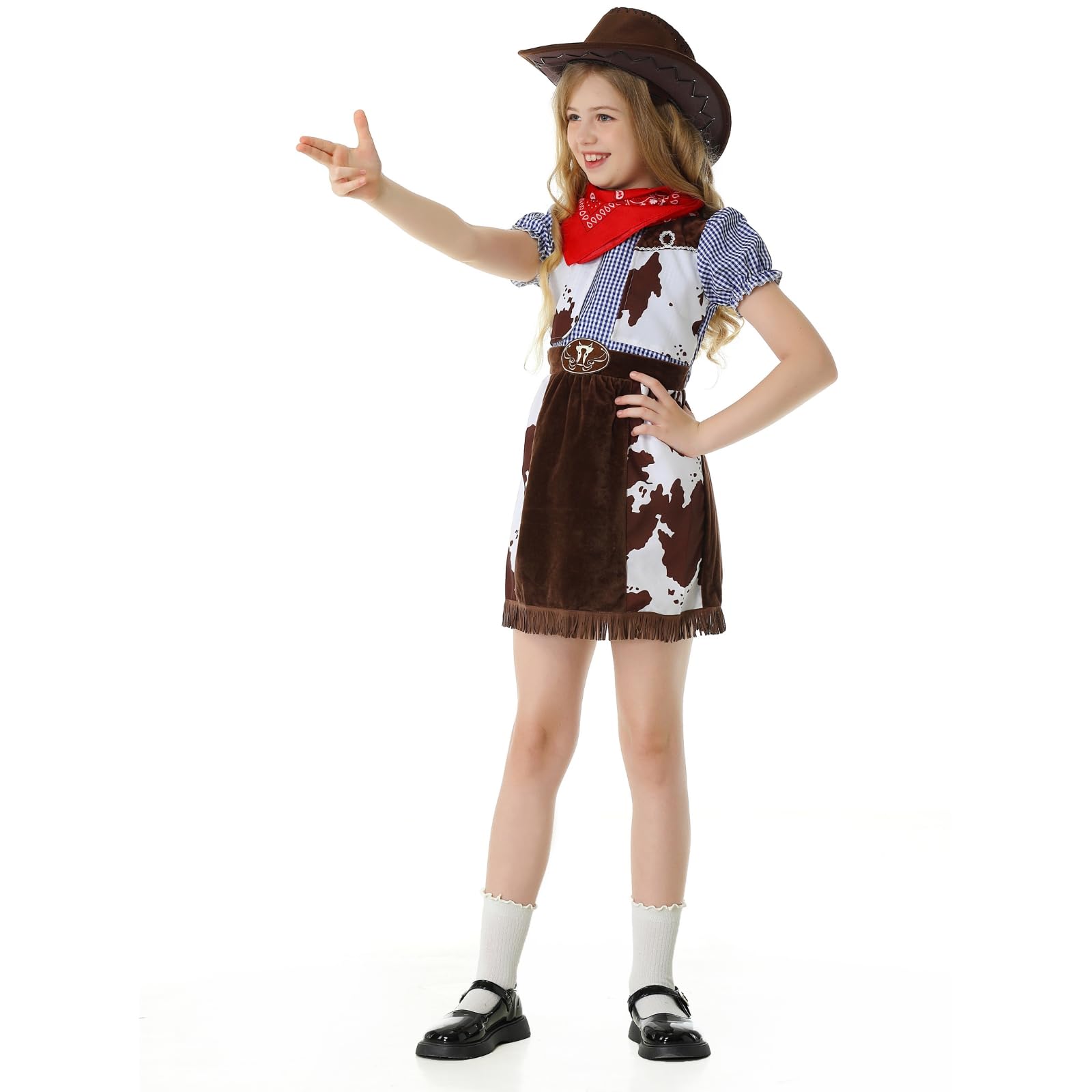 maxToonrain Cowgirl Costume for Girls Funny Holiday Princess Halloween Christmas Party Cowgirl Fancy Dress Outfit (Brown Vest and Blue Grid - Image 3