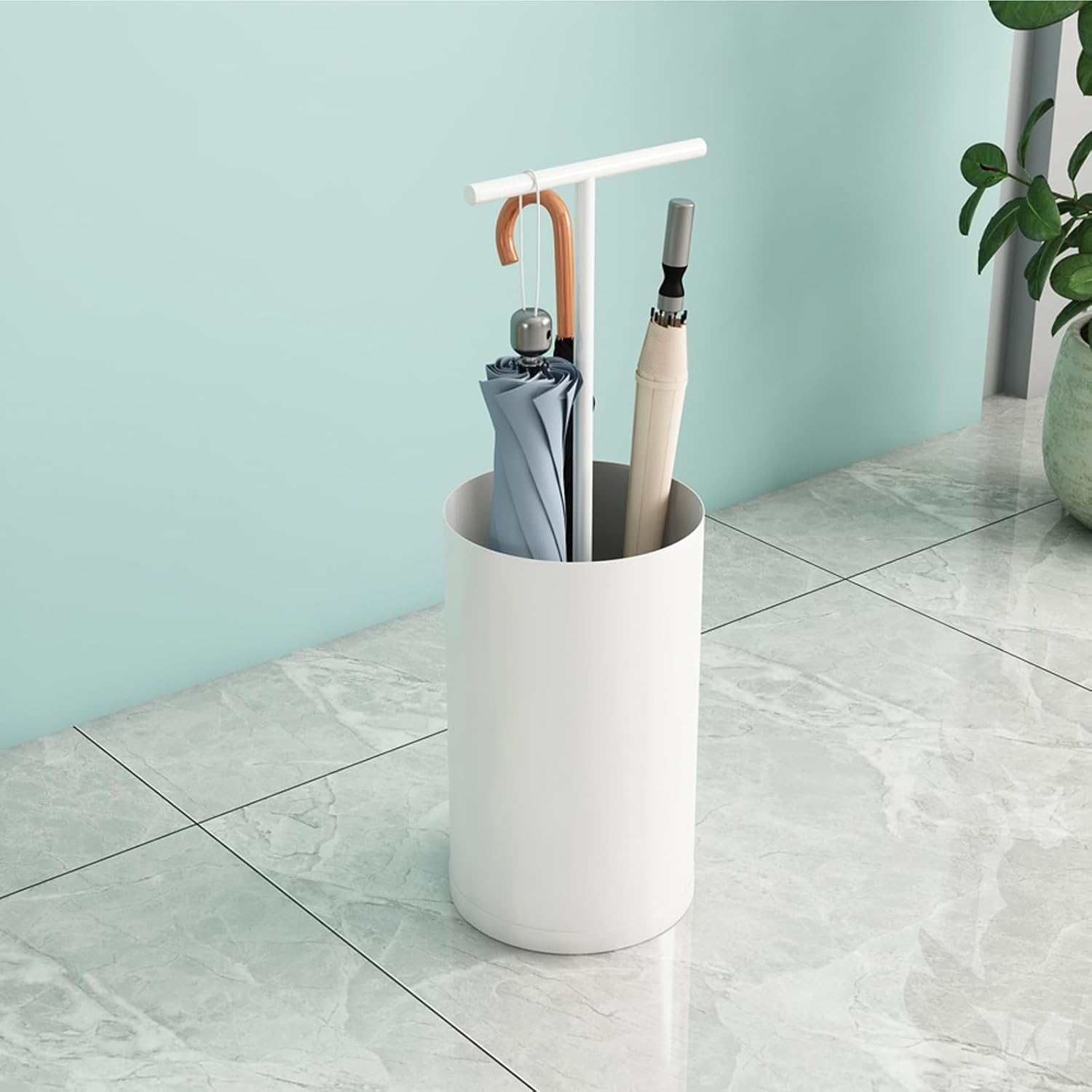 Modern Self-Supporting Metal Umbrella Stand with Removable Water Tray, Round Design, Stylish and Simple Storage Solution for Walking Sticks, White Color