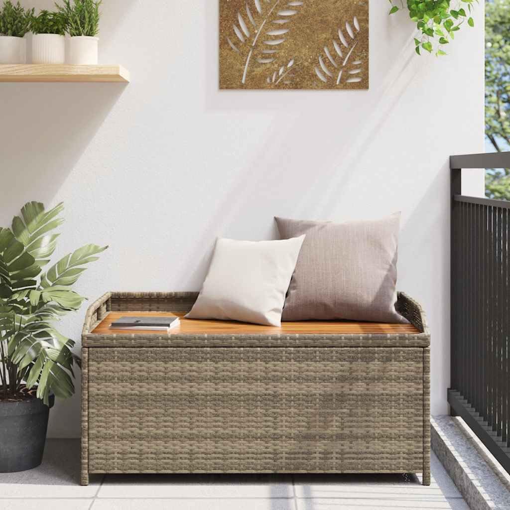 Storage Bench with Gas Spring Lid for Garden Storage, 2-Seater Indoor Outdoor Poly Rattan Acacia Wood Bench with Ample Capacity