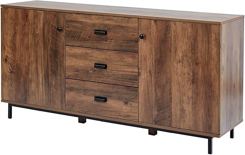 Aparador Peaktop con 2 puertas y 3 cajones, patas y asas metálicas