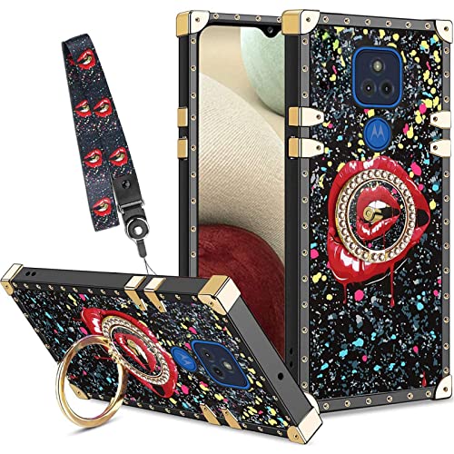 Luxury Case for Moto g Play 2021 Phone Case for Women Girls with Strap Lanyard Red Lips Kiss Square Cute Elegant Design Girly Shockproof Soft TPU Protective Cover,for Moto g Play 2021-Red Lips