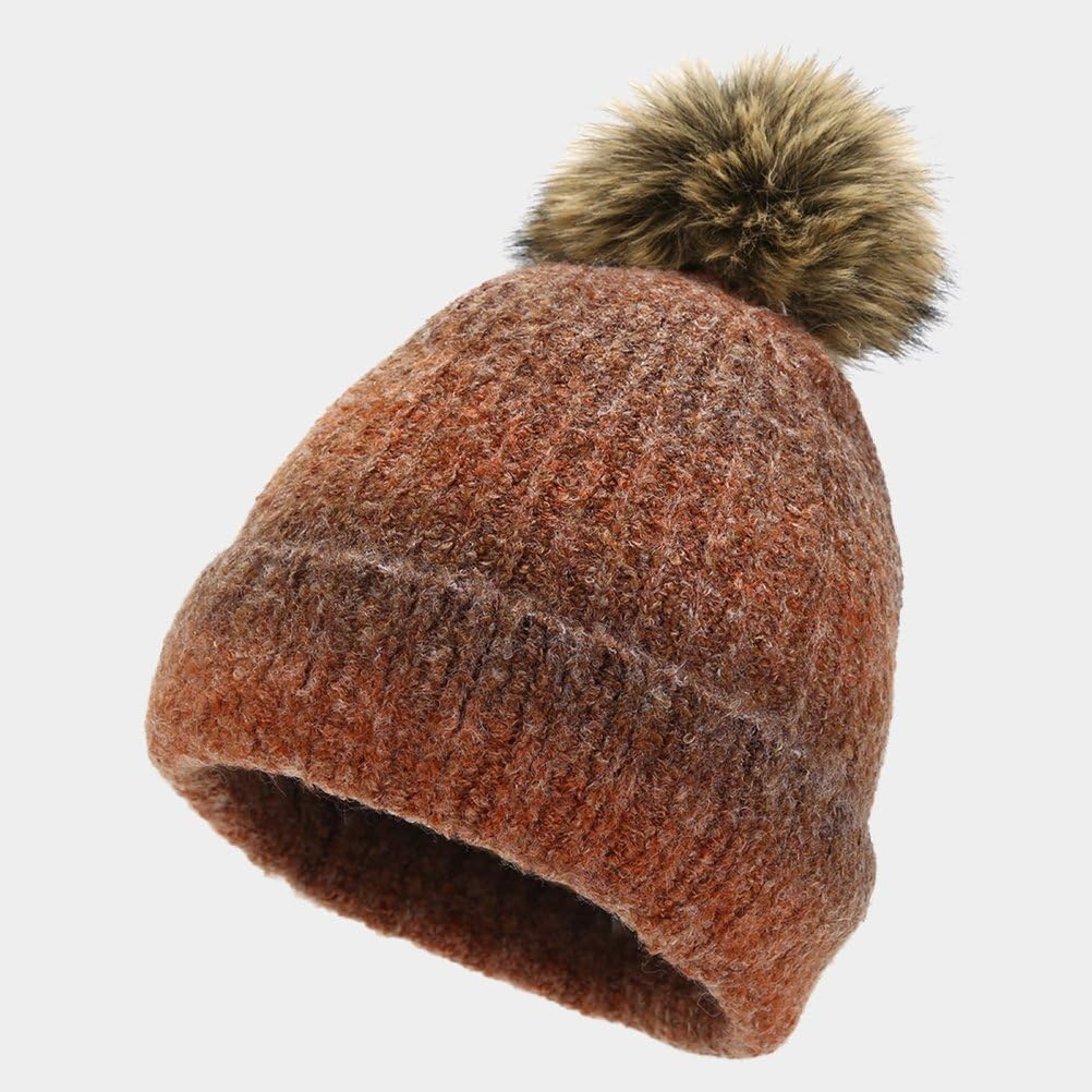Donna Inverno Caldo Gradiente Pompon Beanie Cappello Touchscreen Guanti Lunga Maglia Sciarpa 3 in 1 Set,Marrone